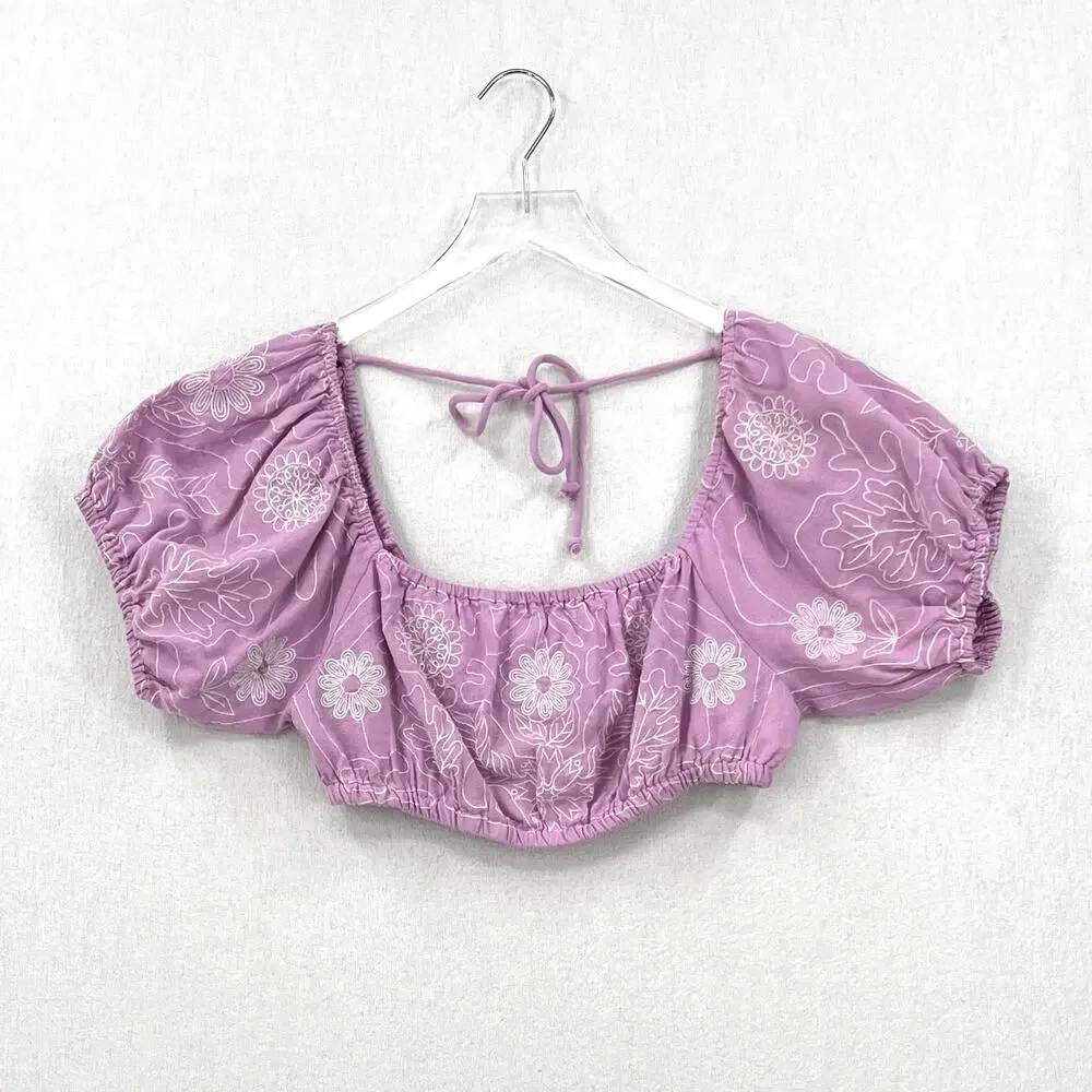 FREE PEOPLE Lotus Skirt Set TOP ONLY Women XS Purple Embroidered Puff Sleeve NEW